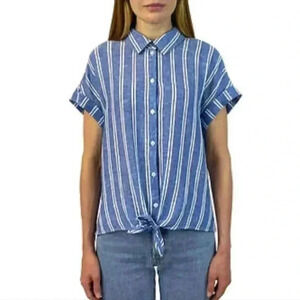 ❤️ NWT Jachs Girlfriend Short Sleeved Linen Blend Blouse XXL Striped Lightwe…